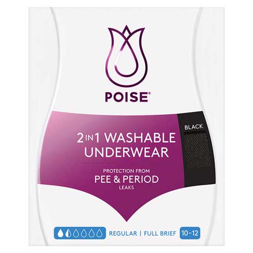 Poise Reusable Underwear 2 In 1 Briefs 10-12 Waist 71-76cm Female 60ml Black